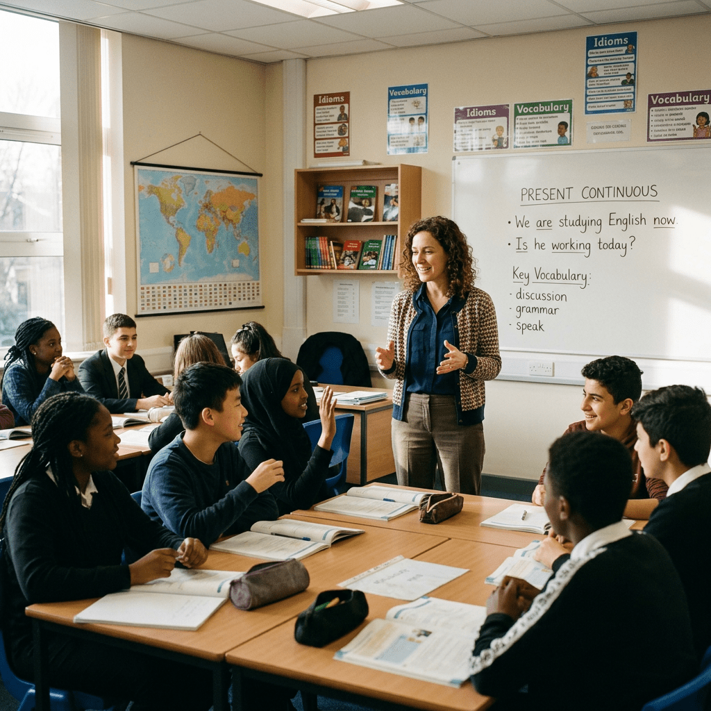 Classroom with students and teacher discussing present continuous tense